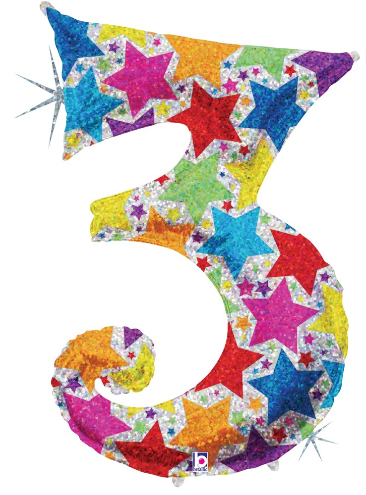 34-inch number 3 balloon covered in colorful glittery stars with a spiral tail design.