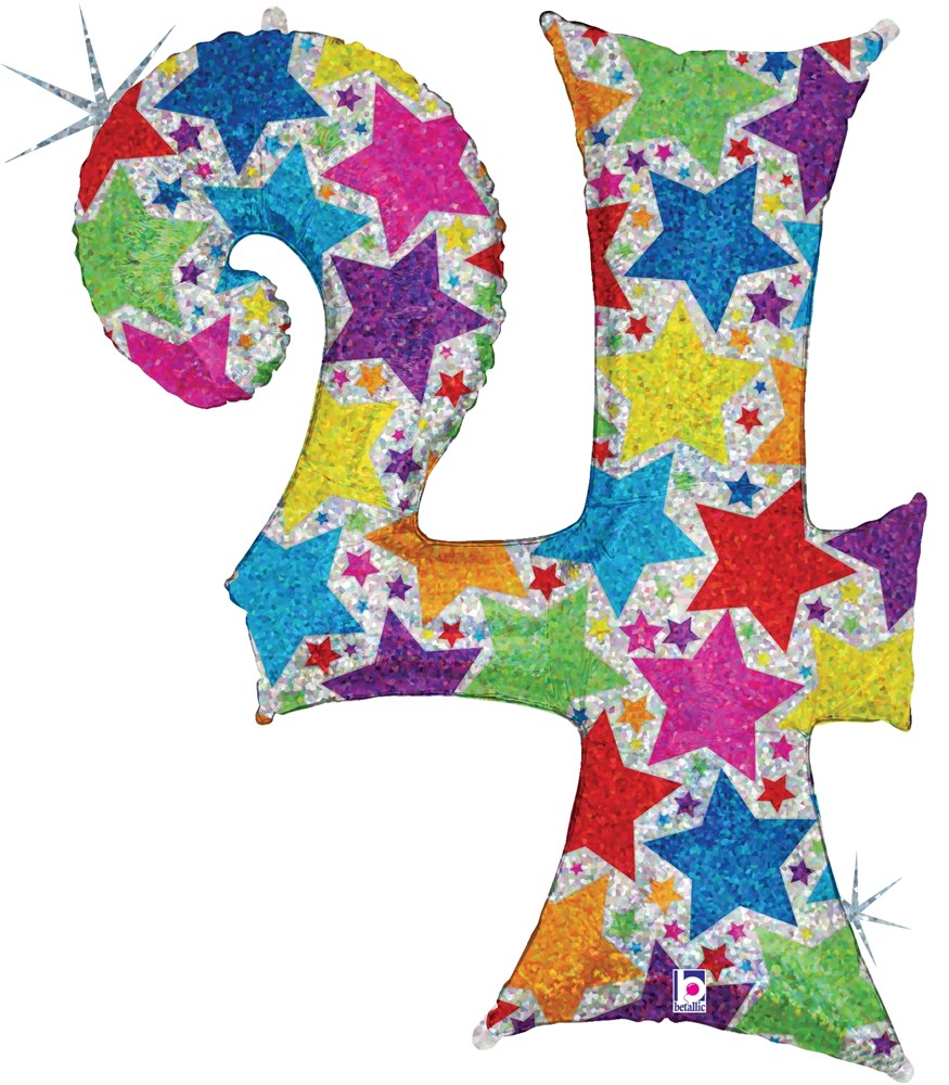 Colorful number 4 balloon with multicolored star patterns and a sparkling glitter effect.