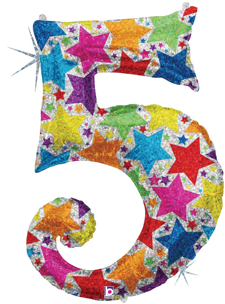 34-inch foil balloon shaped as number 5 with multicolored star patterns and sparkle accents.
