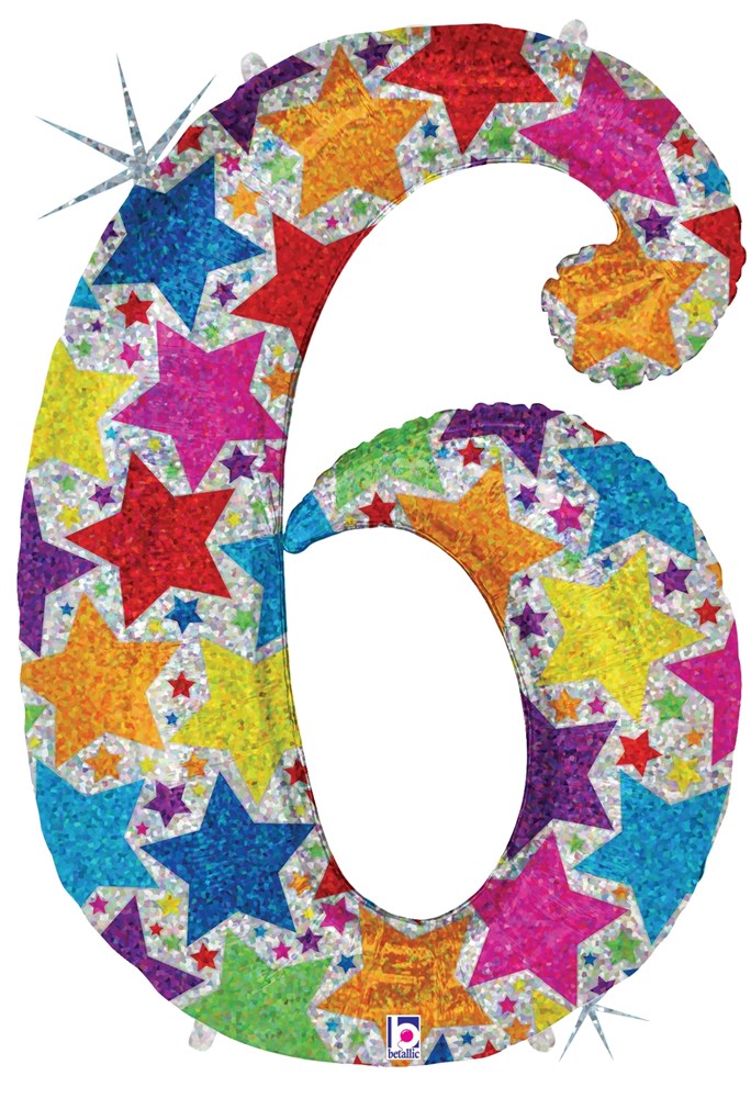 34-inch number 6 balloon with multicolored star patterns and glittery finish on white background.