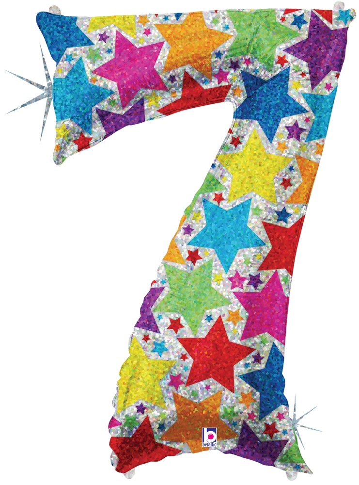 34-inch number 7 balloon with colorful star pattern and glittery finish.