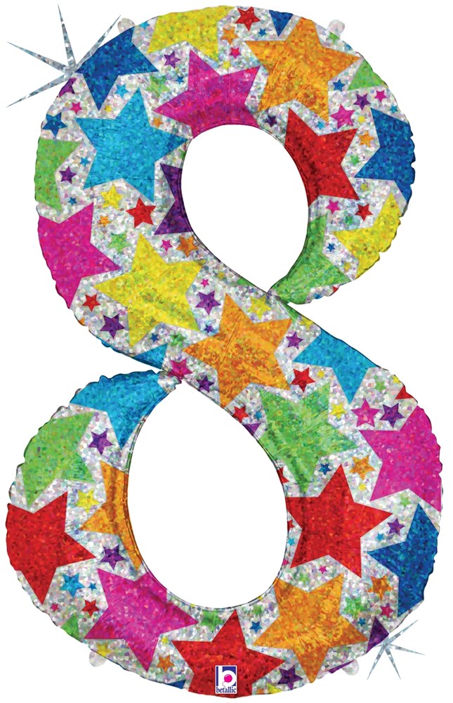 34-inch number 8 balloon with colorful stars and glittery silver background.