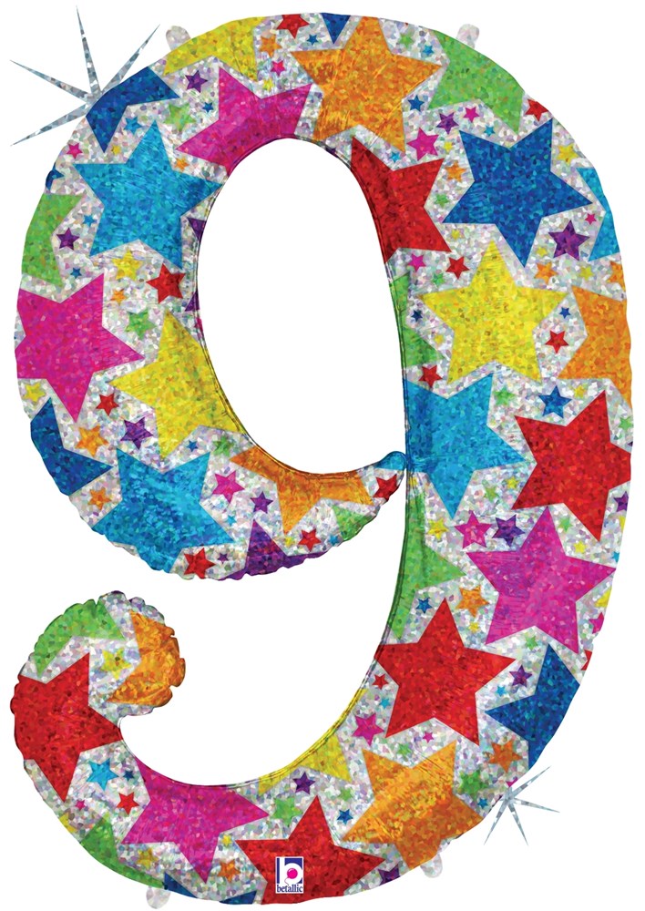 Colorful glittery number 9 balloon covered with multicolored star shapes on white background.