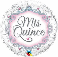18-inch round foil balloon with white, pink, and silver ornate design and "Mis Quince" text in elegant script.