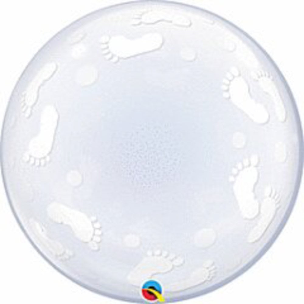 22-inch clear bubble balloon with white baby footprints and polka dots.