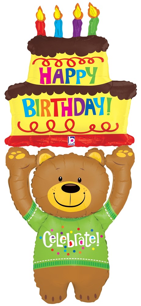 60-inch shaped foil balloon featuring a smiling brown bear in a green sweater holding a colorful birthday cake with five lit