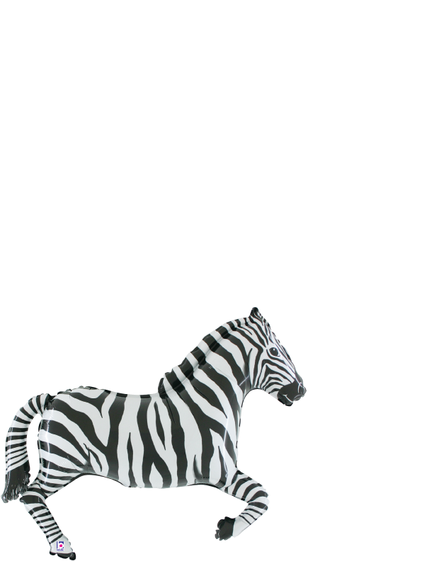 34-inch zebra-shaped foil balloon with black and white stripes and a glossy finish.