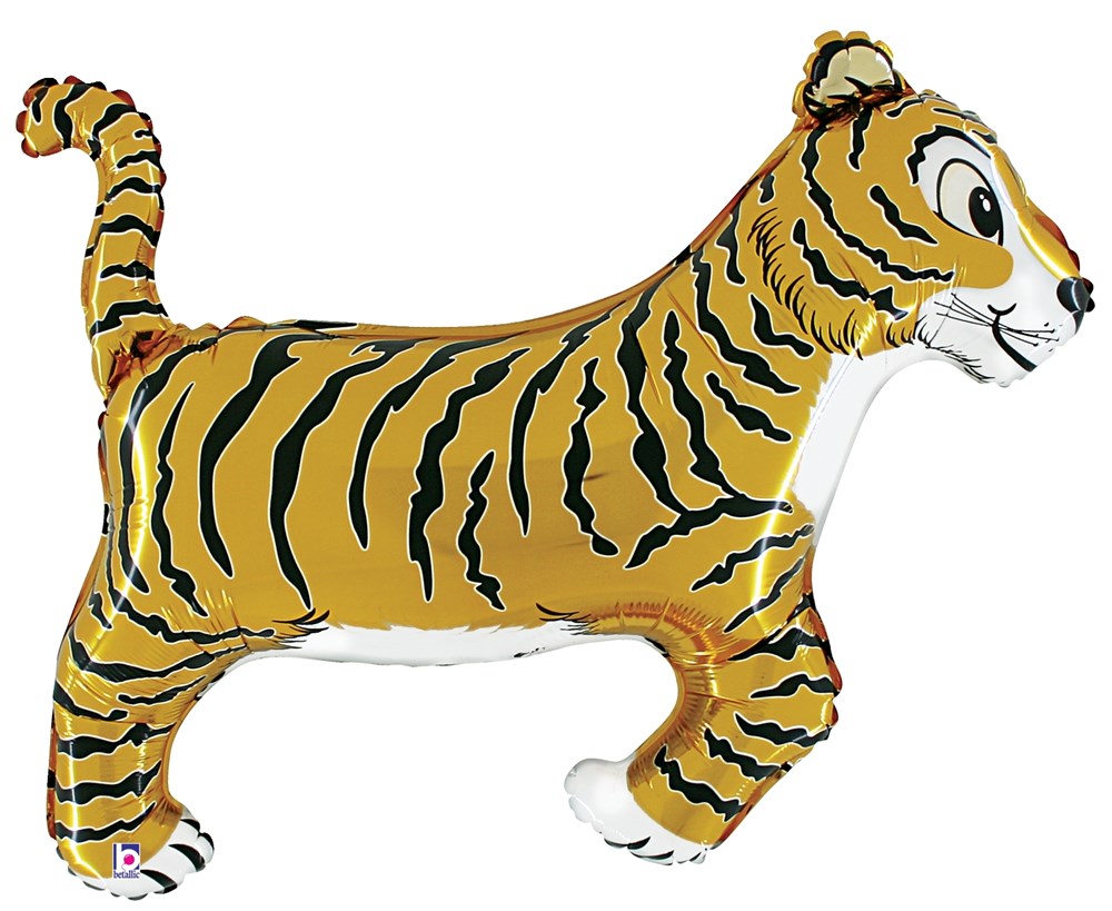 34-inch orange and black striped tiger-shaped foil balloon with white face and tail tip.