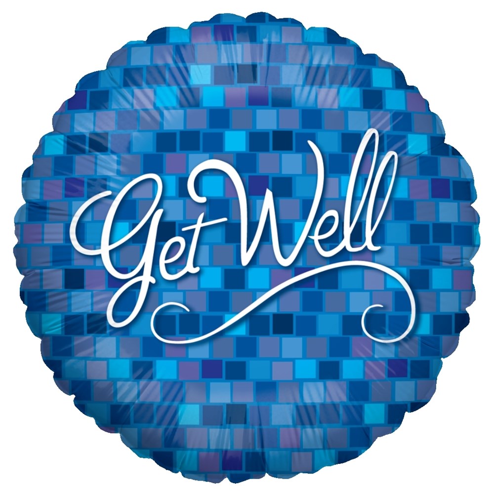Round foil balloon with blue square mosaic pattern and white "Get Well" script, 18 inch.