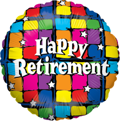 Round foil balloon with colorful patchwork squares and white "Happy Retirement" text in bold font.