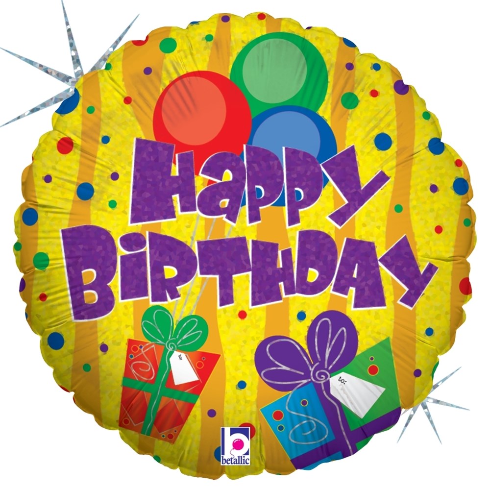 Round holographic balloon with colorful balloons, presents, and purple "Happy Birthday" text on yellow background.