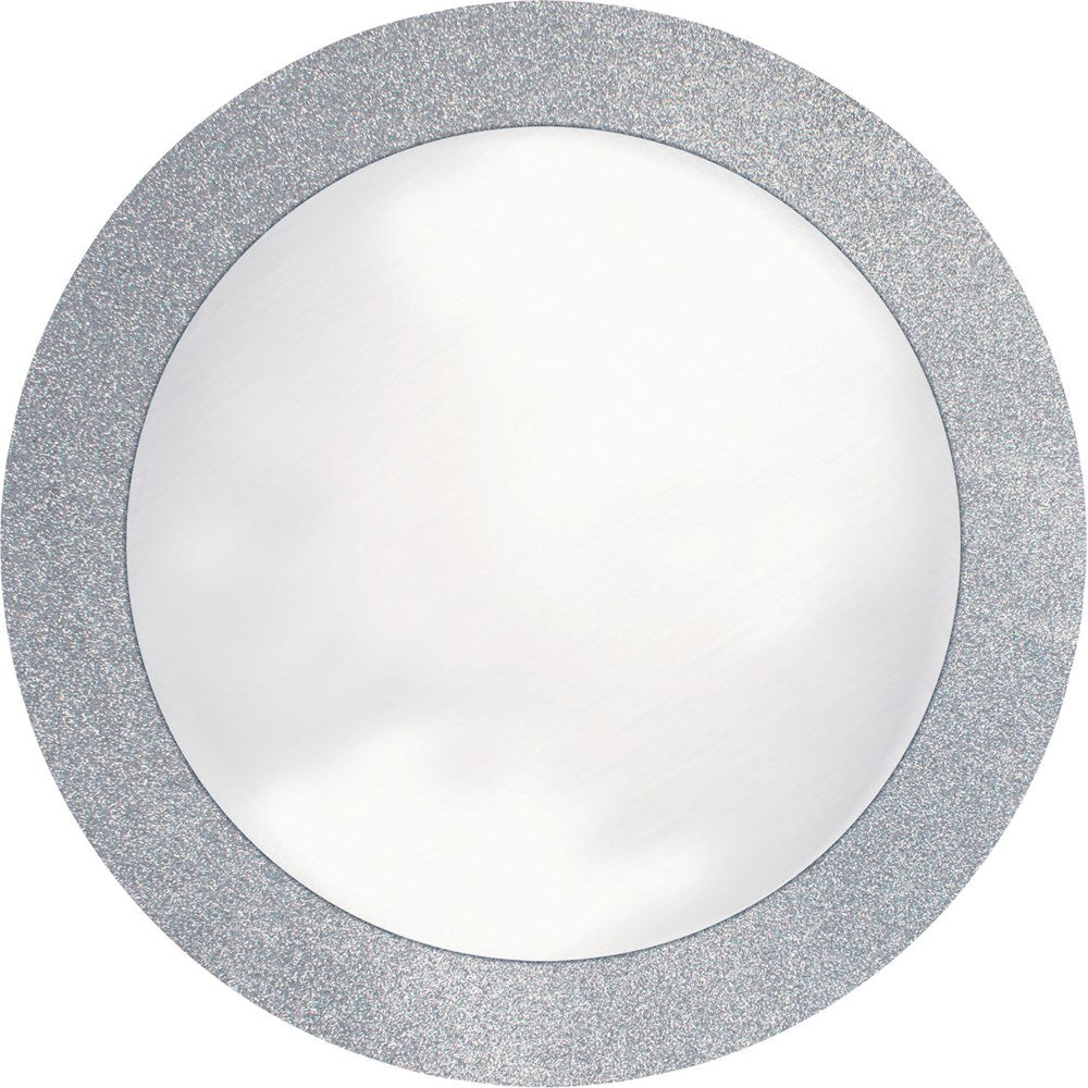 Round placemat with a 14-inch diameter, featuring a silver glitter border and a smooth white center.