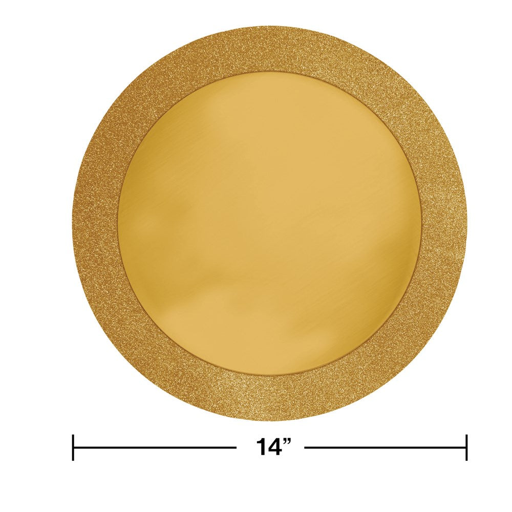 Round gold placemat with glittery textured rim and smooth center, 14 inches diameter.