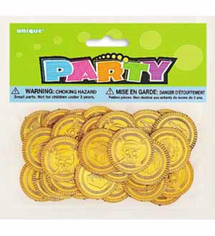 30 gold-colored plastic coins with embossed pirate skull design in clear party packaging with colorful "Party" label.