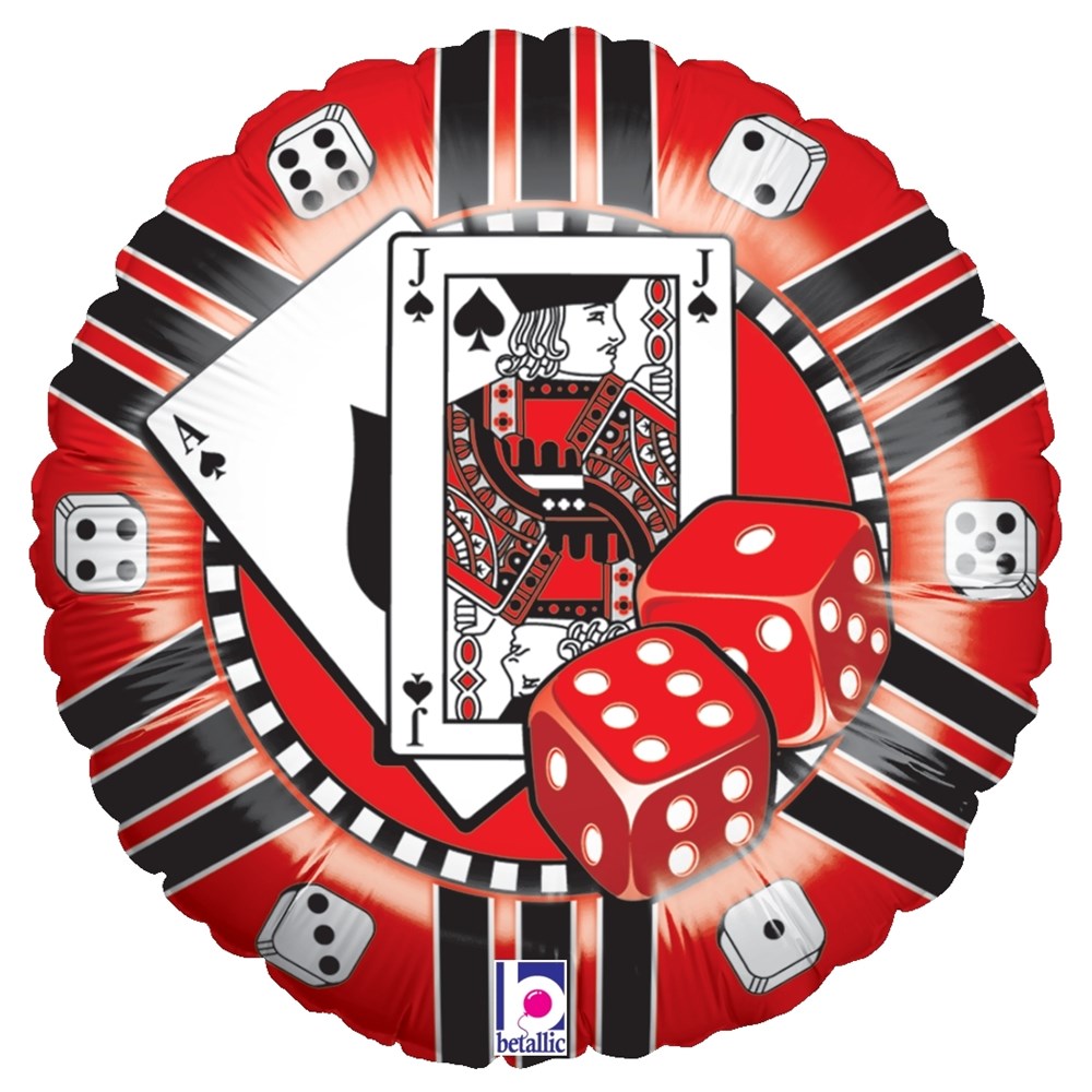 Round foil balloon designed like a red and black casino chip with playing cards and red dice accents.