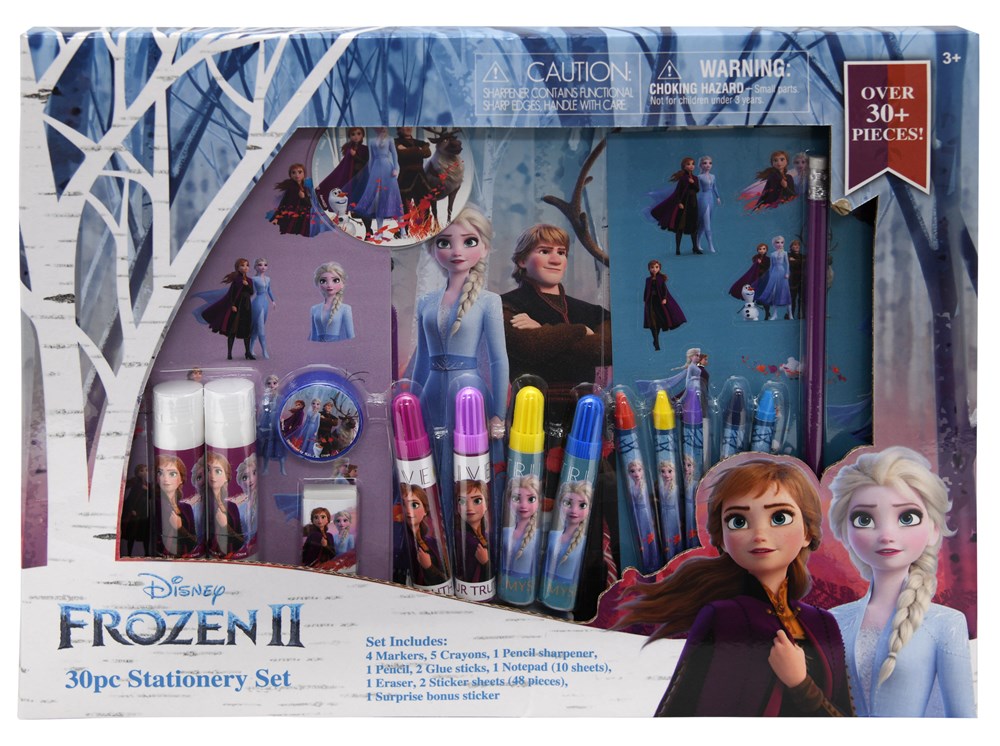 Frozen 2 stationery set with 30 pieces including pens, glue sticks, stickers featuring Elsa, Anna, and Olaf in icy blue and.