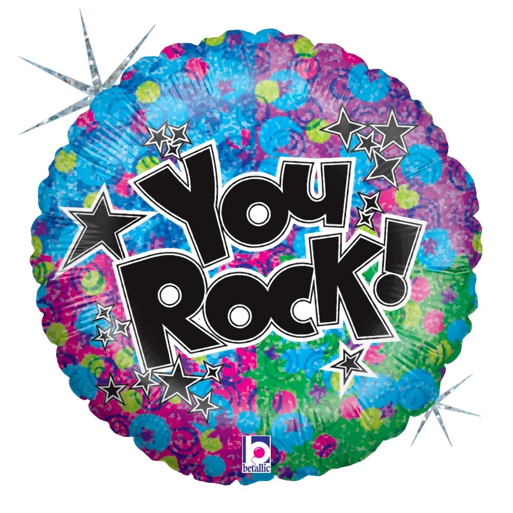 18-inch round holographic balloon with colorful flower patterns and bold "You Rock!" text in black and white stars.