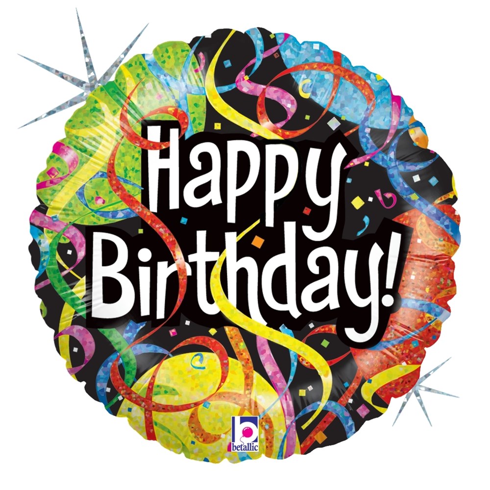 18-inch round holographic foil balloon with multicolor party streamers and "Happy Birthday!" text in white.