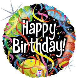18-inch round holographic balloon with colorful streamers and "Happy Birthday!" text in white on black background.