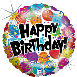 Round holographic balloon with colorful birthday presents and confetti, black "Happy Birthday!" text in bold letters.