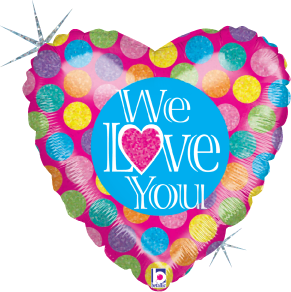 Heart-shaped holographic balloon with colorful polka dots and "We Love You" text in blue circle.