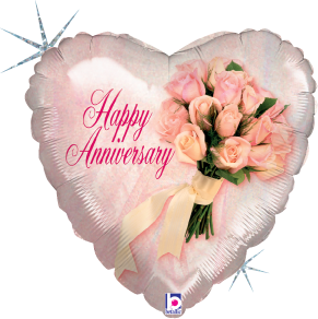 Heart-shaped holographic foil balloon with pink roses bouquet and "Happy Anniversary" in elegant pink script.
