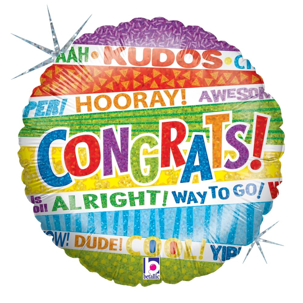 18-inch round holographic balloon with colorful "Congrats!" text and celebratory phrases on stripes.