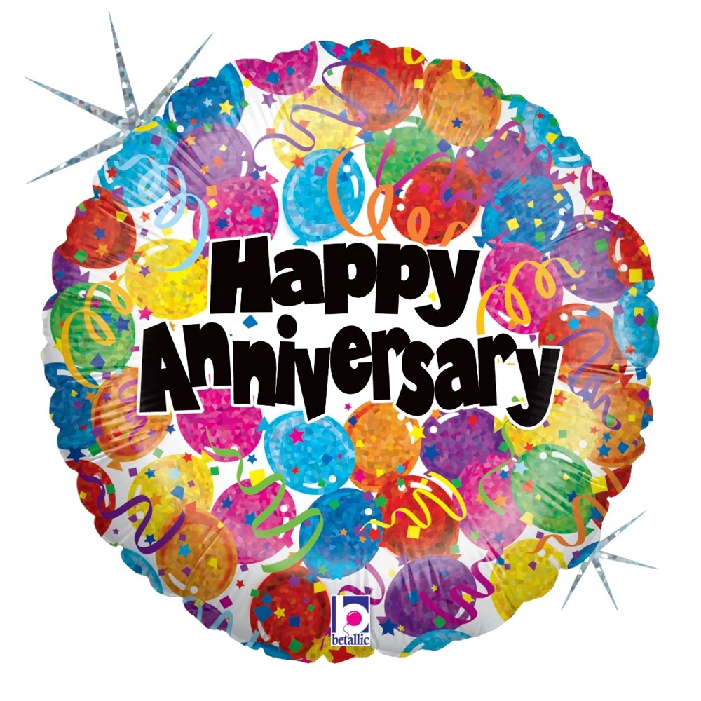 Round 18-inch holographic balloon with colorful confetti and black "Happy Anniversary" text.