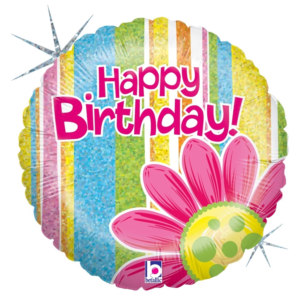 Round holographic balloon with colorful vertical stripes, pink "Happy Birthday!" text, and large pink flower with.