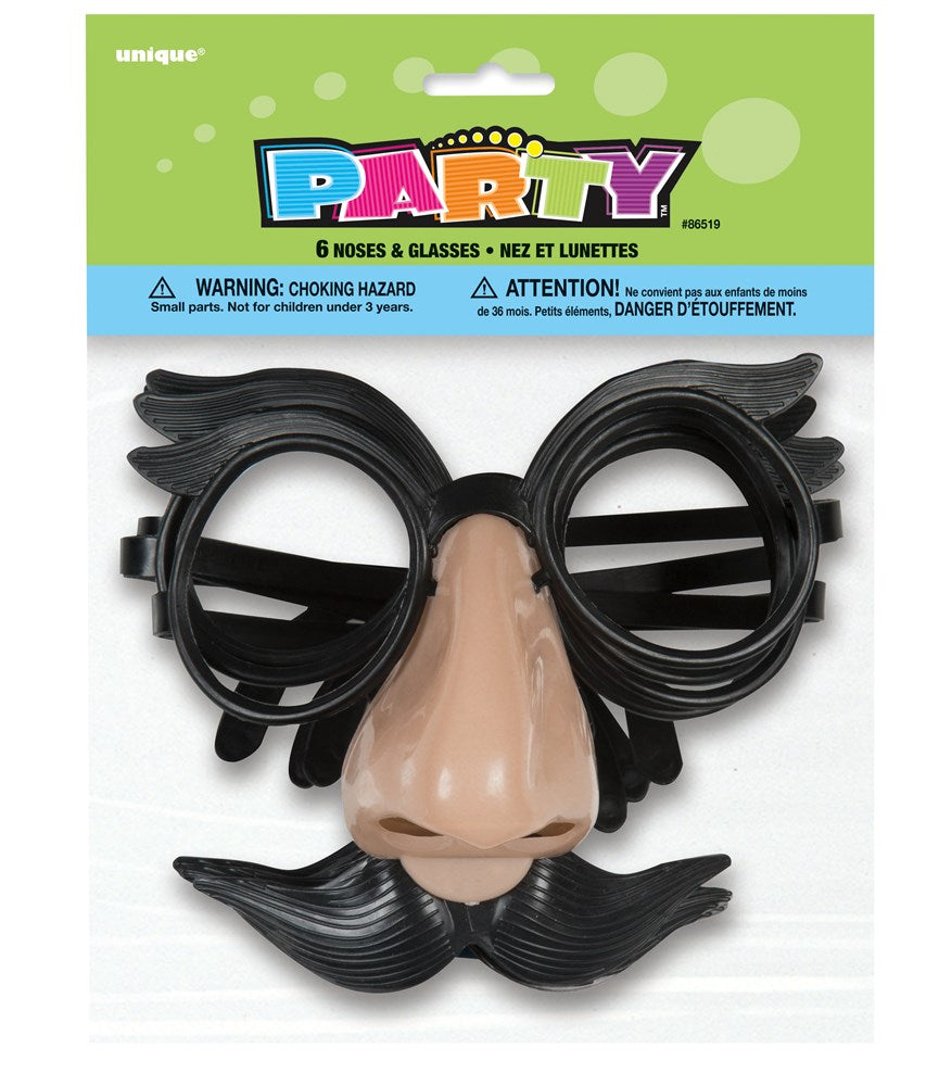 Black plastic novelty glasses with attached large fake nose and curled mustache, six-pack packaging.
