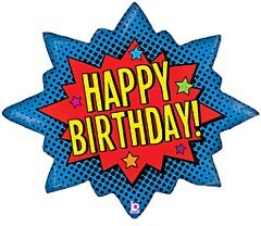 Blue and red starburst-shaped foil balloon with yellow "Happy Birthday!" text and comic-style stars.