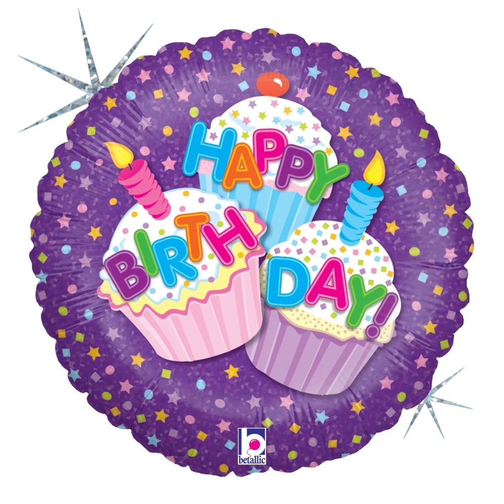 Round holographic balloon with purple background, colorful confetti, and three decorated birthday cupcakes with candles.