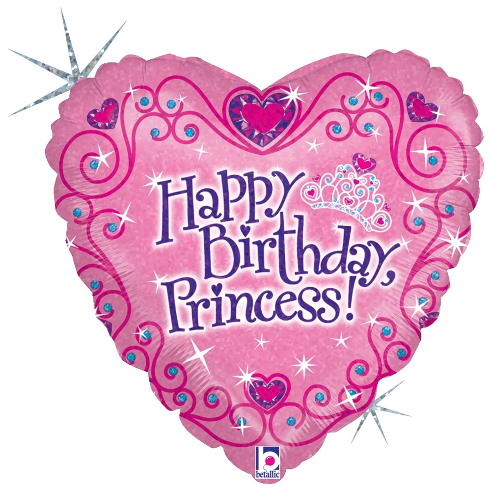 Pink heart-shaped holographic balloon with "Happy Birthday Princess!" text and decorative hearts and swirls.