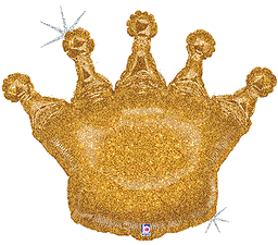 30-inch gold glitter crown-shaped holographic foil balloon with sparkly finish.