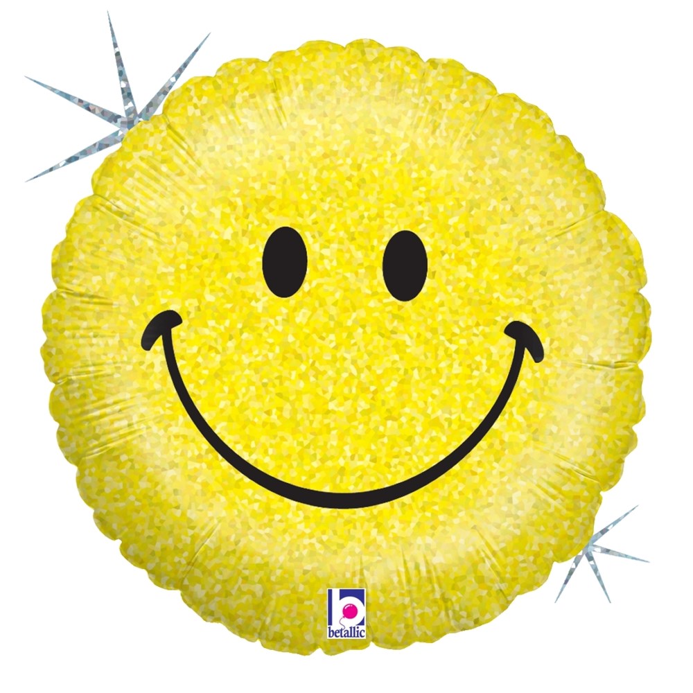 Round yellow holographic balloon with a black smiling face and shiny reflective surface.