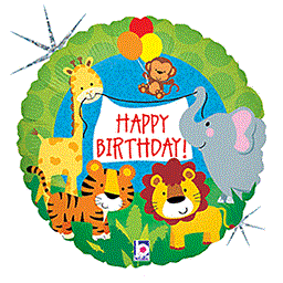 Round foil balloon with green leafy border featuring colorful jungle animals including giraffe, monkey, elephant, tiger, and