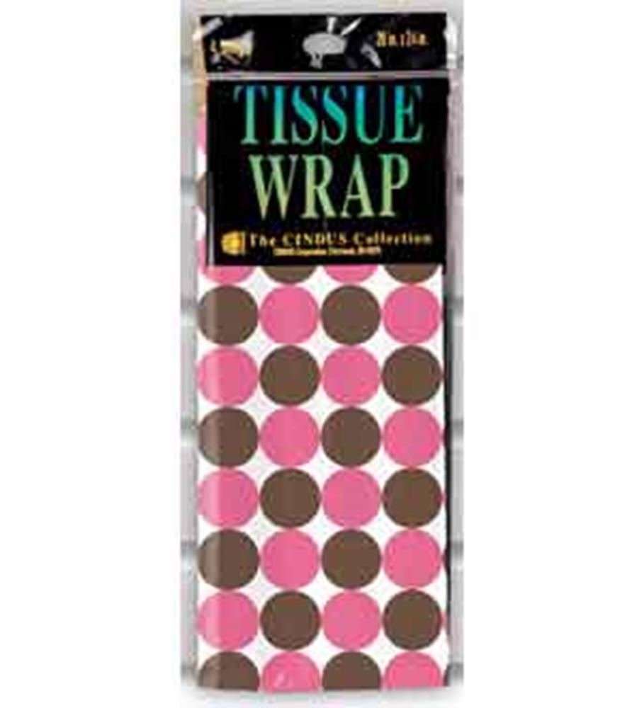 Pack of four tissue papers with 20x20 inch sheets, featuring pink and brown polka dots on white background.