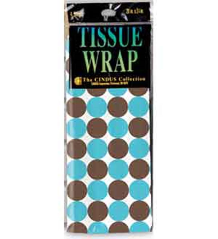 Pack of four tissue wrap sheets with 20x20 inch size, featuring brown and blue polka dots on white background.