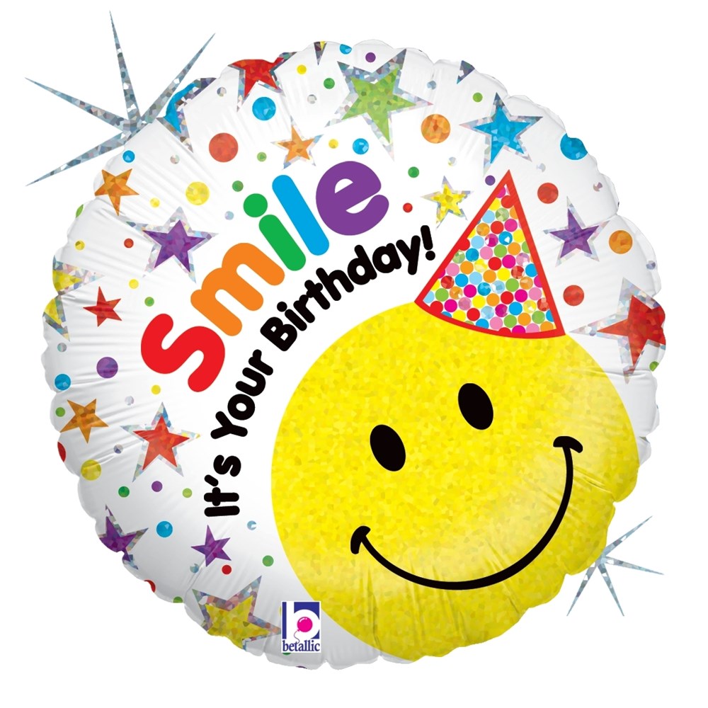 18-inch round holographic balloon with large yellow smiley face wearing a party hat and colorful "Smile! It's Your.