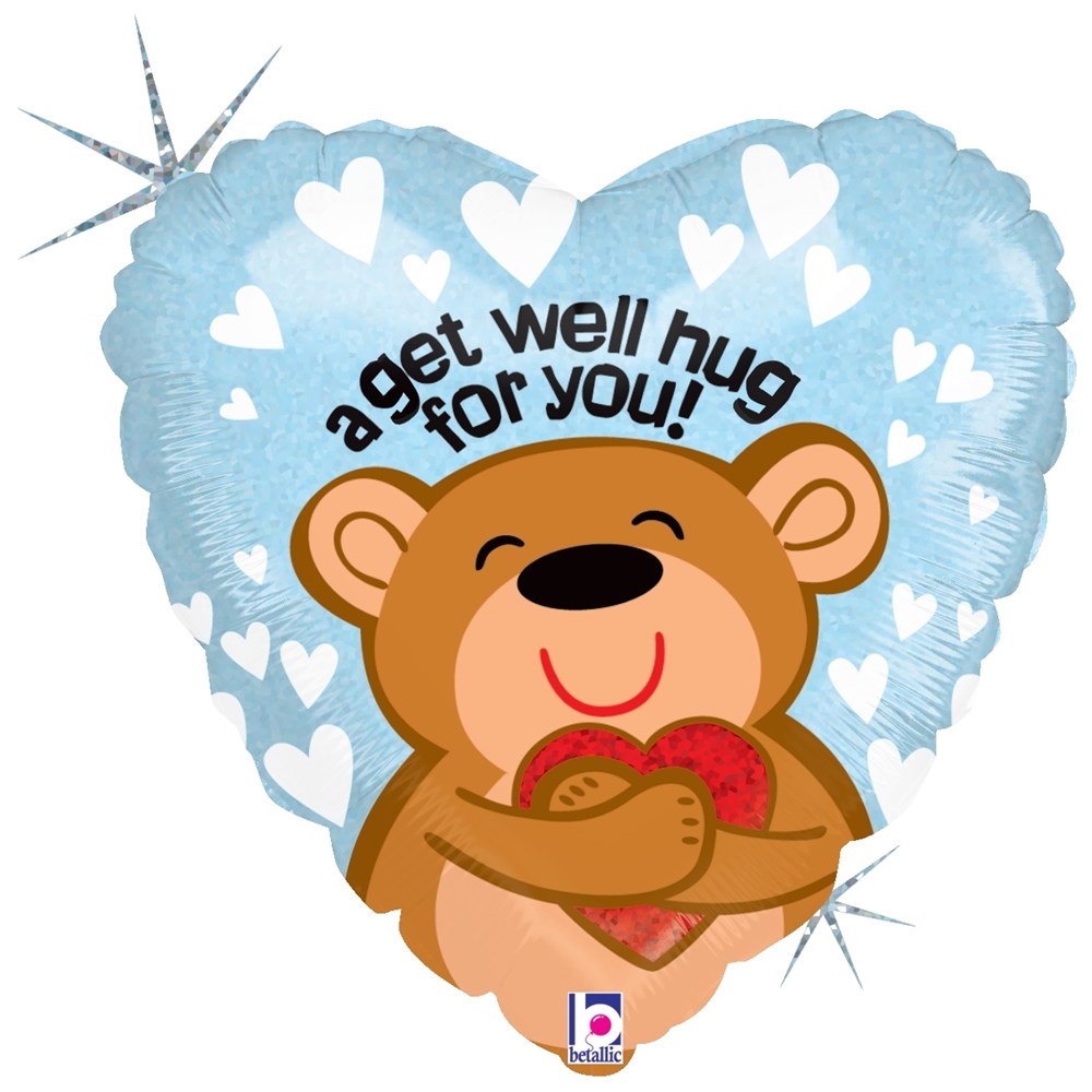 Light blue heart-shaped holographic balloon with white hearts and a smiling bear holding a red heart, black text saying "a.