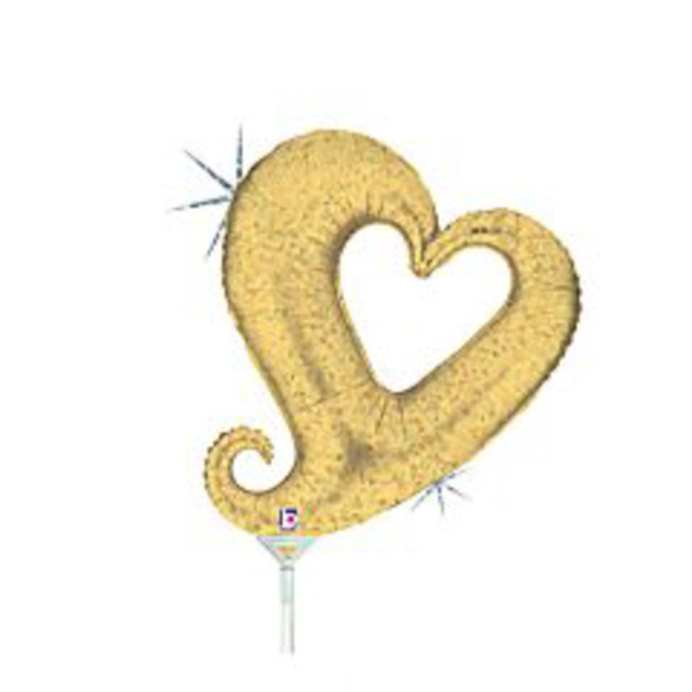 Gold foil balloon shaped as a stylized, swirled heart with a shiny, reflective surface on a stick.