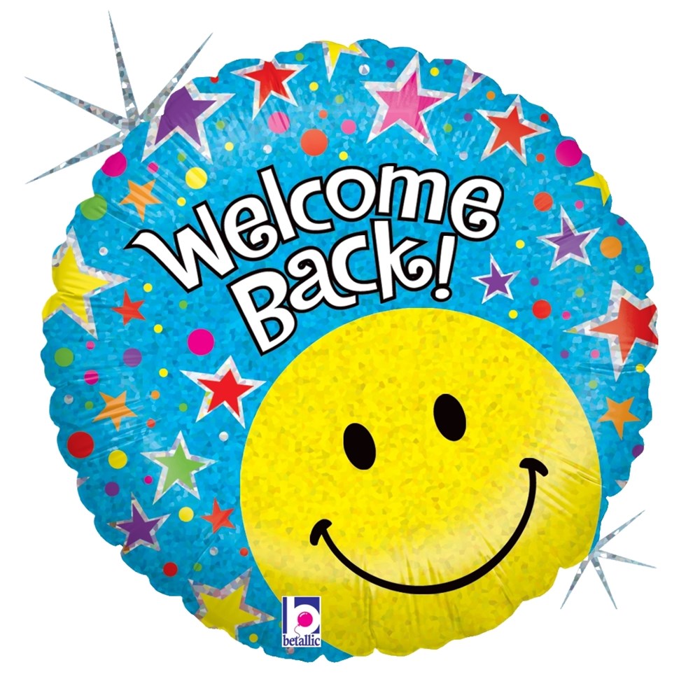 Round holographic blue balloon with colorful stars and a large yellow smiley face saying "Welcome Back!".