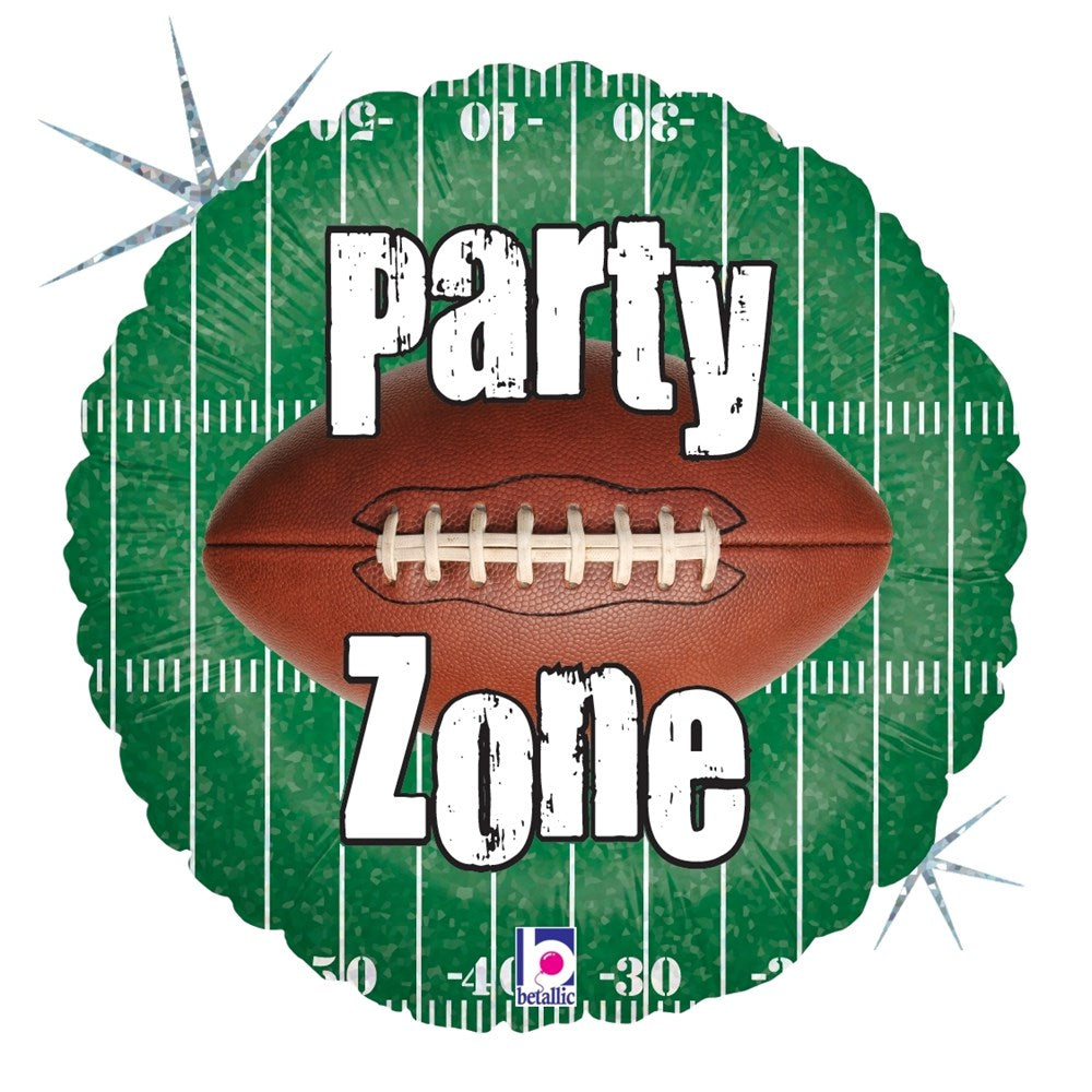 18-inch round holographic balloon with green football field background and brown football, white text "Party Zone".