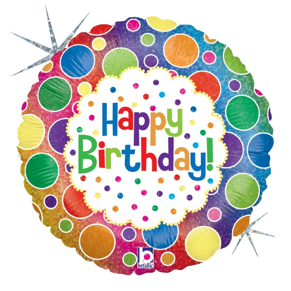 Round holographic balloon with multicolored polka dots and "Happy Birthday!" text in vibrant rainbow colors.