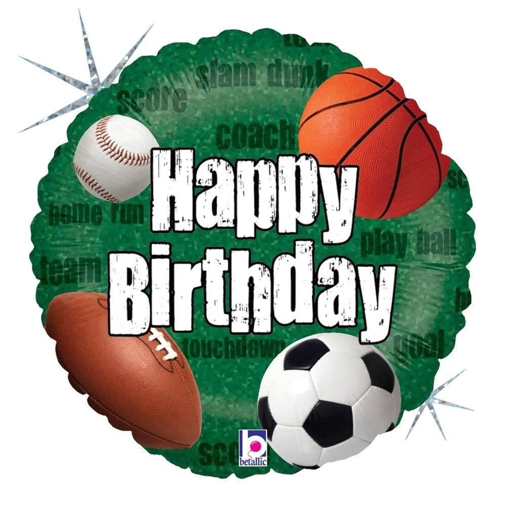 18-inch round green holographic balloon with white "Happy Birthday" text and baseball, basketball, football, and soccer ball