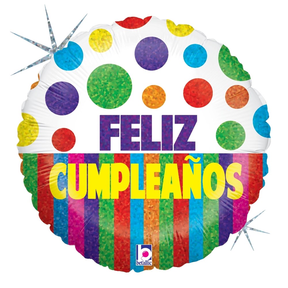 Round holographic 18-inch balloon with multicolored polka dots and striped base, featuring "Feliz Cumpleaños" text in purple