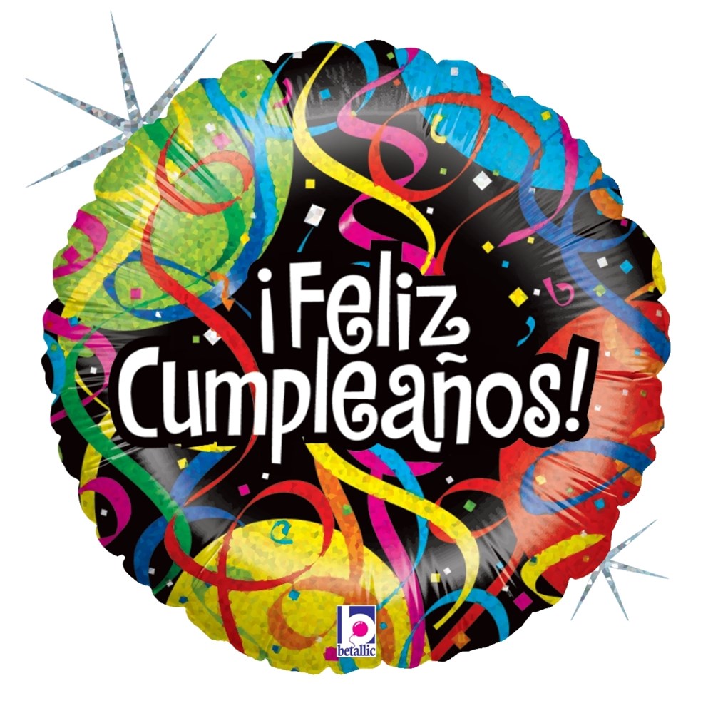 18-inch round holographic balloon with colorful streamers and "¡Feliz Cumpleaños!" text in white on black background.