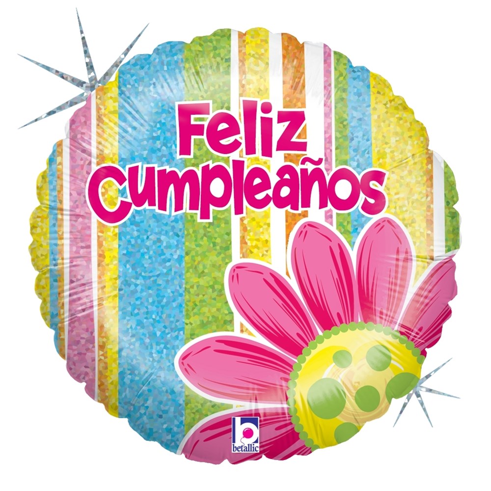 18-inch round holographic balloon with colorful vertical stripes, pink flower, and "Feliz Cumpleaños" in bold red letters.