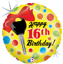 Round yellow holographic balloon with colorful polka dots, black car key graphic with red bow, and "Happy 16th Birthday!".