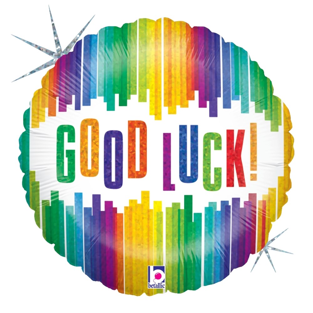 Round holographic balloon with vertical stripes in rainbow colors and "Good Luck!" text in multicolored letters.